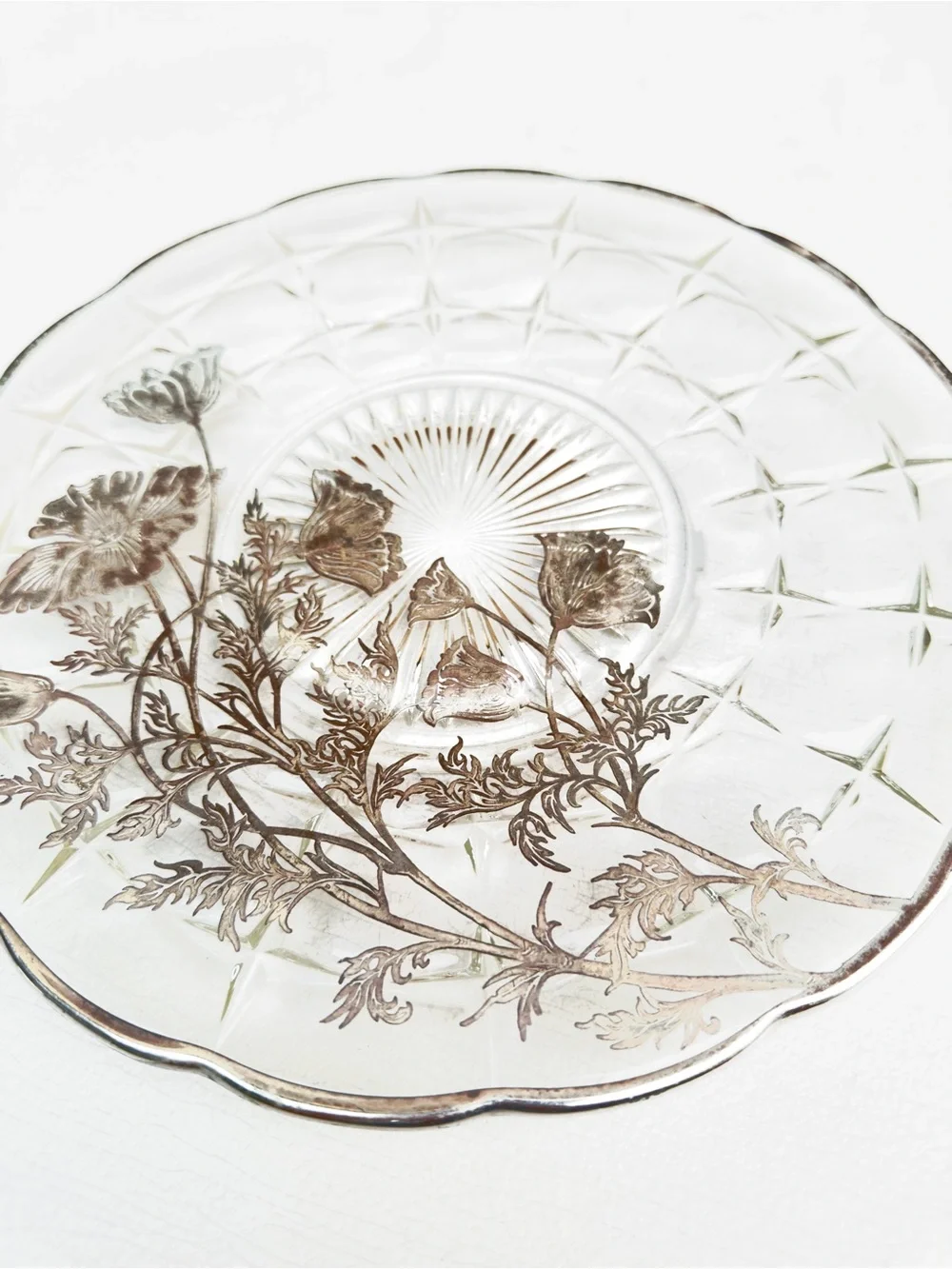 Vintage Silver City Glass Flanders Poppy Serving Plate Sterling Silver Overlay